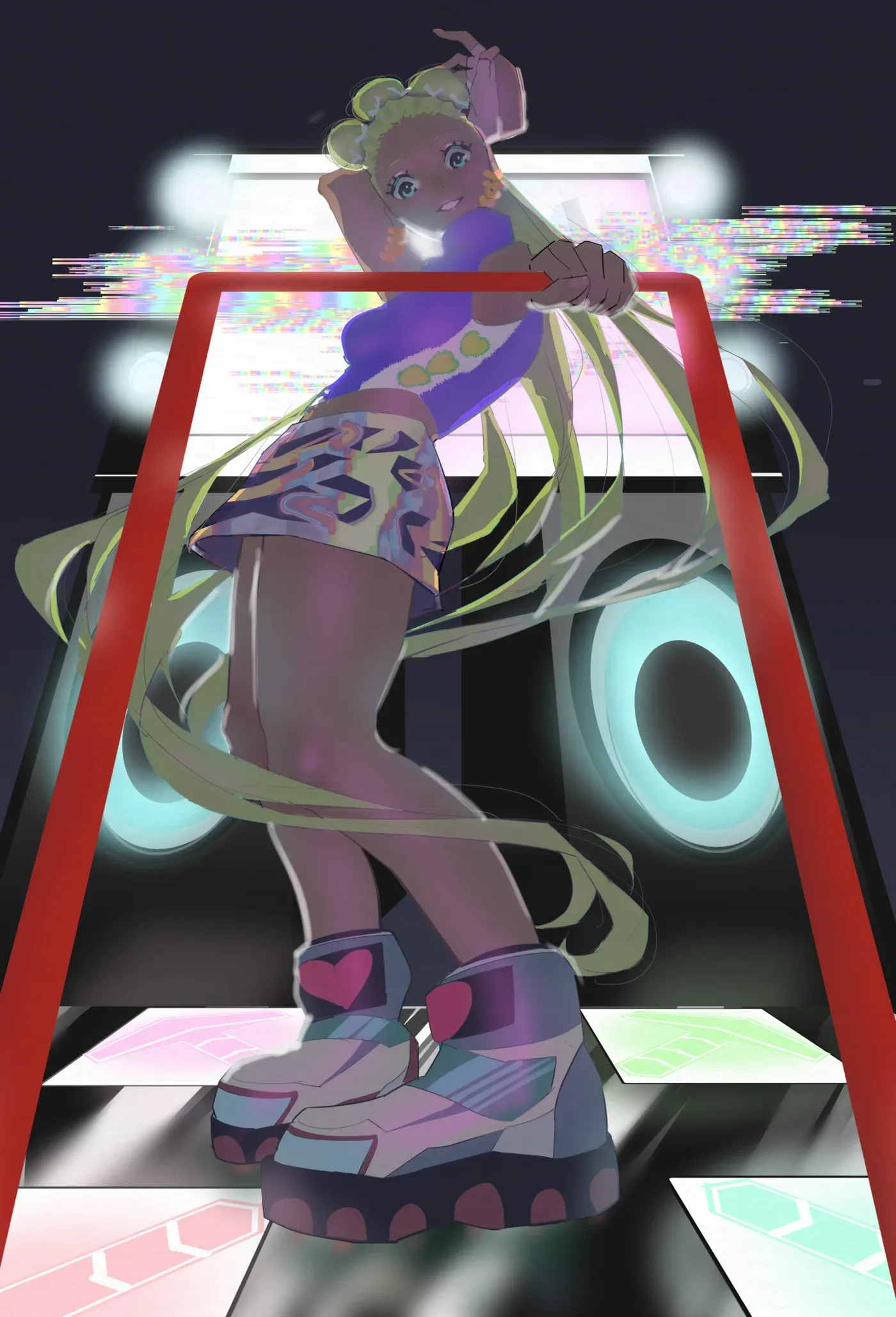 Futuristic sci-fi pic of a woman with purple hair holding the hand of an ethereal energy being wearing glasses and a tie. You are looking through a hole into a red room where they are in and they are looking back at you.