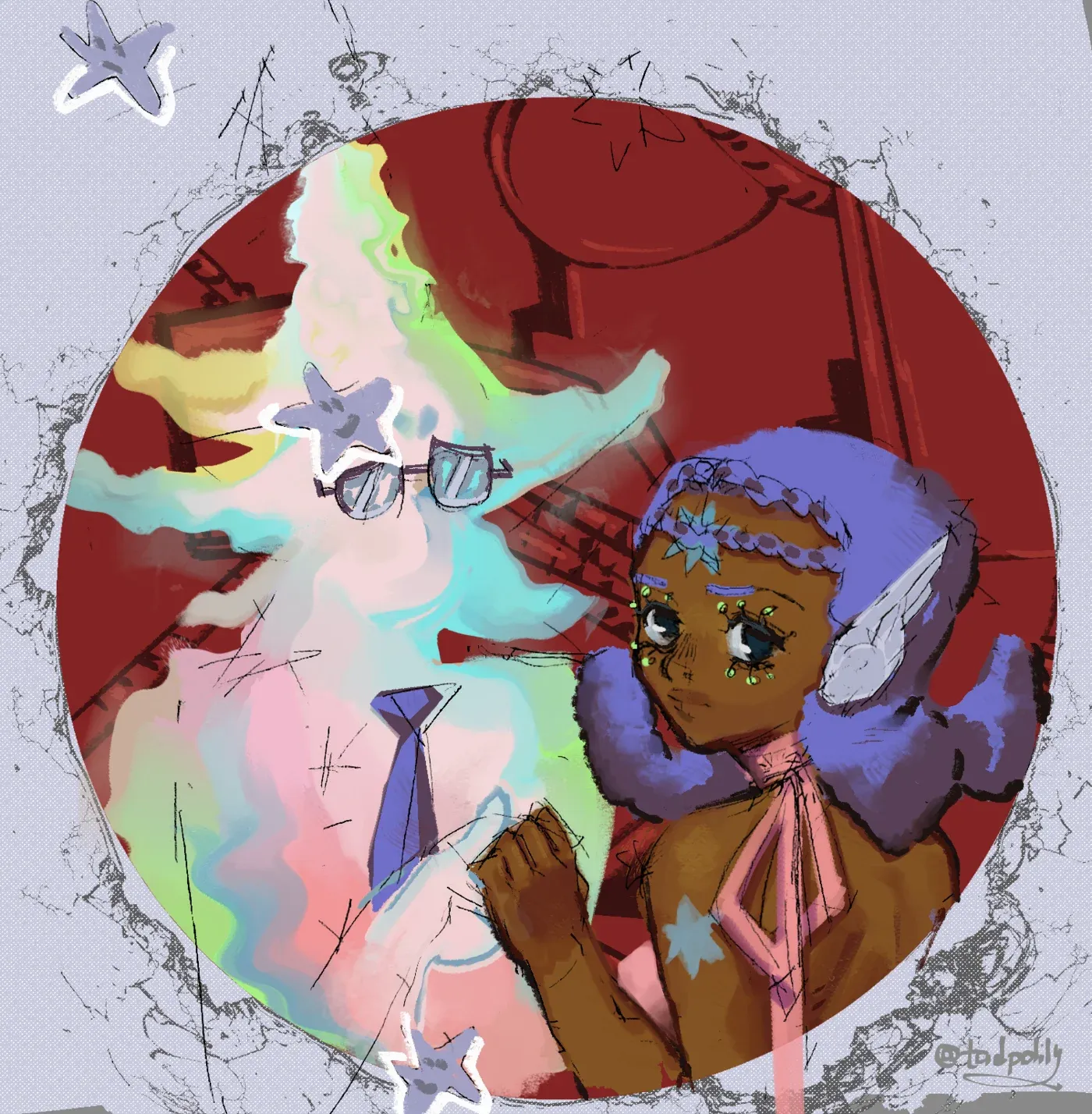 Futuristic sci-fi pic of a woman with purple hair holding the hand of an ethereal energy being wearing glasses and a tie. You are looking through a hole into a red room where they are in and they are looking back at you.