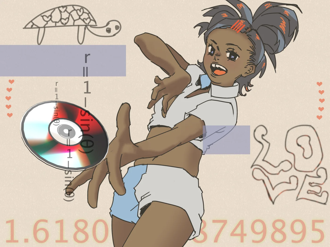 Futuristic sci-fi pic of a woman with purple hair holding the hand of an ethereal energy being wearing glasses and a tie. You are looking through a hole into a red room where they are in and they are looking back at you.